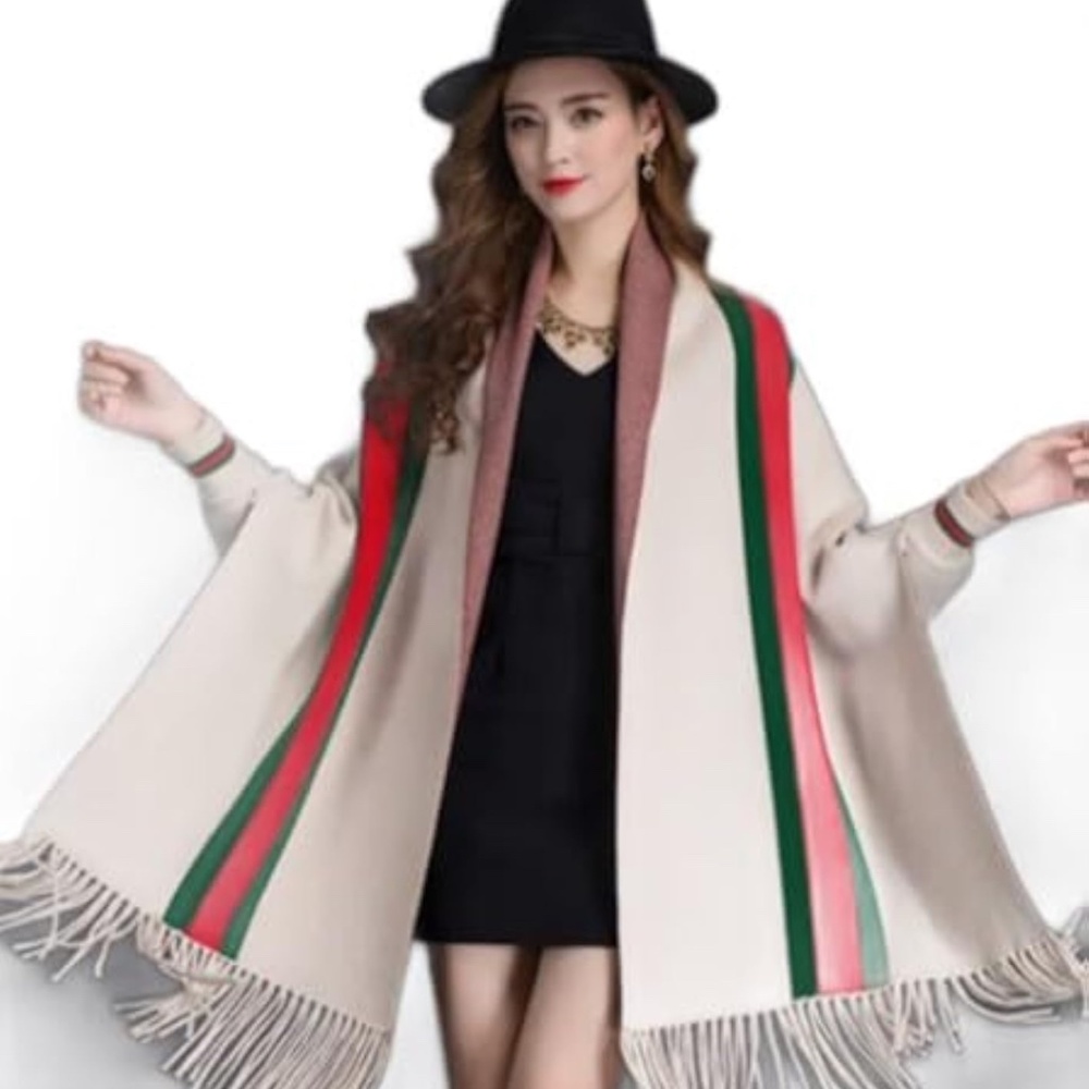 Cashmere-Wool blended Pashmina Cardigan Shawl Poncho with sleeves and tassels.